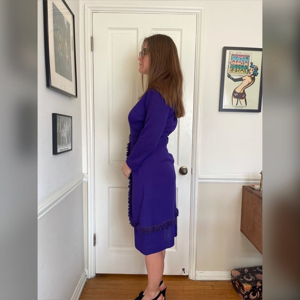 70s Does 40s Purple Long Sleeved Knit Dress w. Peplum Fringe Skirt - Picture 2 of 10
